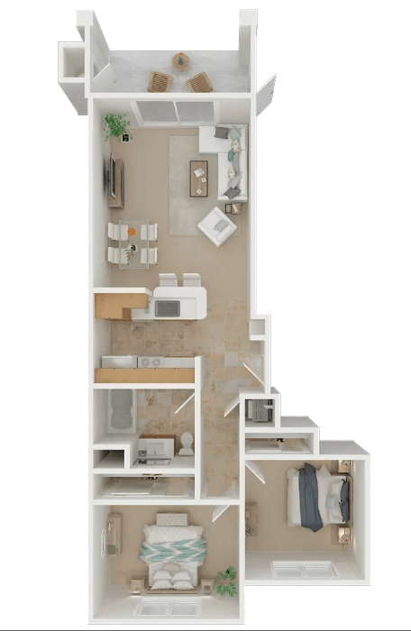 Floor plan for 2 beds, 1 bath, 782 sqft